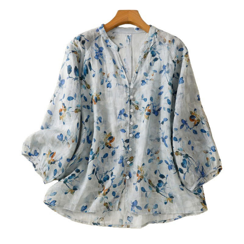 Buddha Stones Camicia da donna in cotone con scollo a V e maniche a tre quarti, motivo floreale blu - image 16