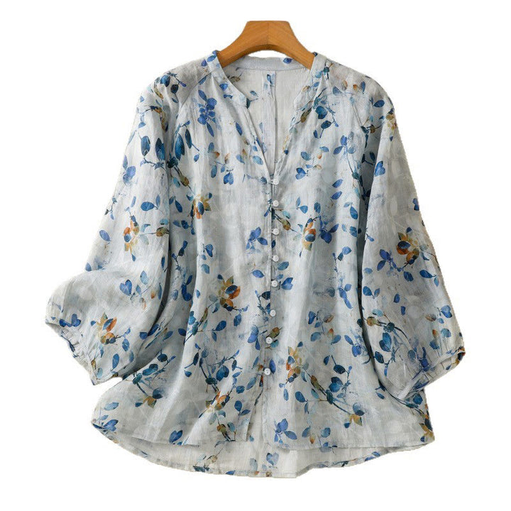 Buddha Stones Camicia da donna in cotone con scollo a V e maniche a tre quarti, motivo floreale blu - image 16