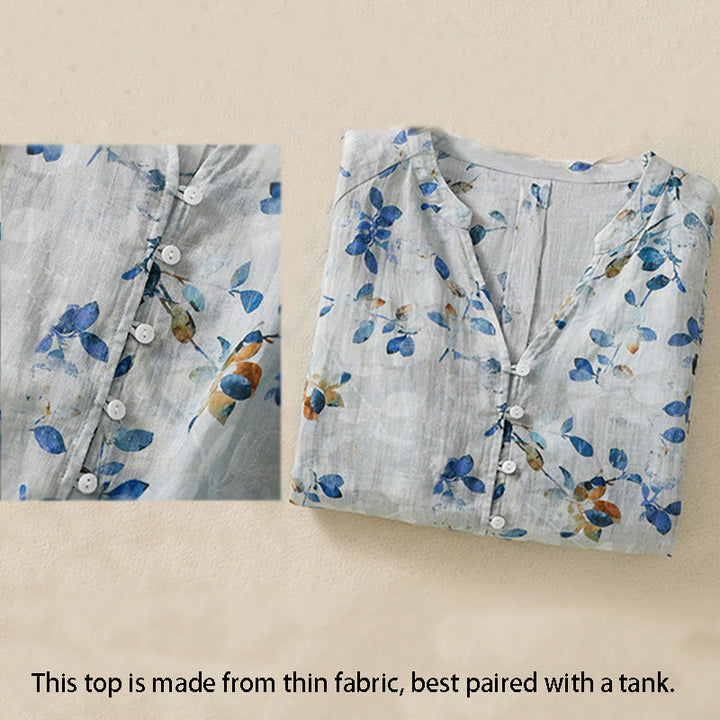 Buddha Stones Camicia da donna in cotone con scollo a V e maniche a tre quarti, motivo floreale blu - image 3