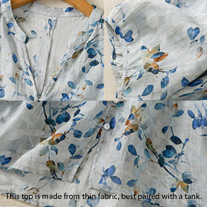 Buddha Stones Camicia da donna in cotone con scollo a V e maniche a tre quarti, motivo floreale blu - image 14