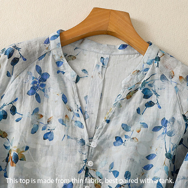Buddha Stones Camicia da donna in cotone con scollo a V e maniche a tre quarti, motivo floreale blu - image 5