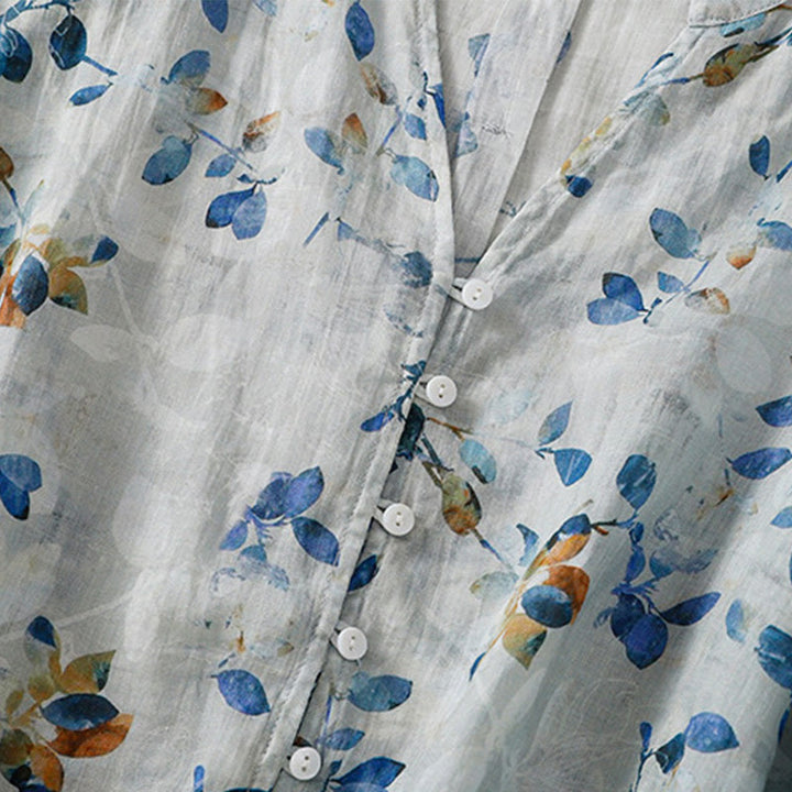 Buddha Stones Camicia da donna in cotone con scollo a V e maniche a tre quarti, motivo floreale blu - image 9