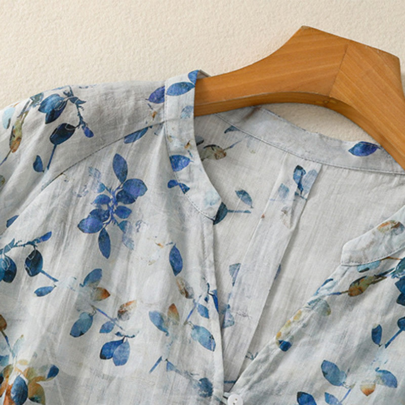 Buddha Stones Camicia da donna in cotone con scollo a V e maniche a tre quarti, motivo floreale blu - image 7