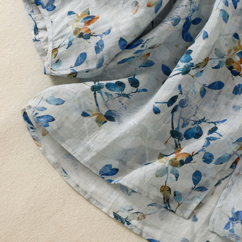 Buddha Stones Camicia da donna in cotone con scollo a V e maniche a tre quarti, motivo floreale blu - image 11