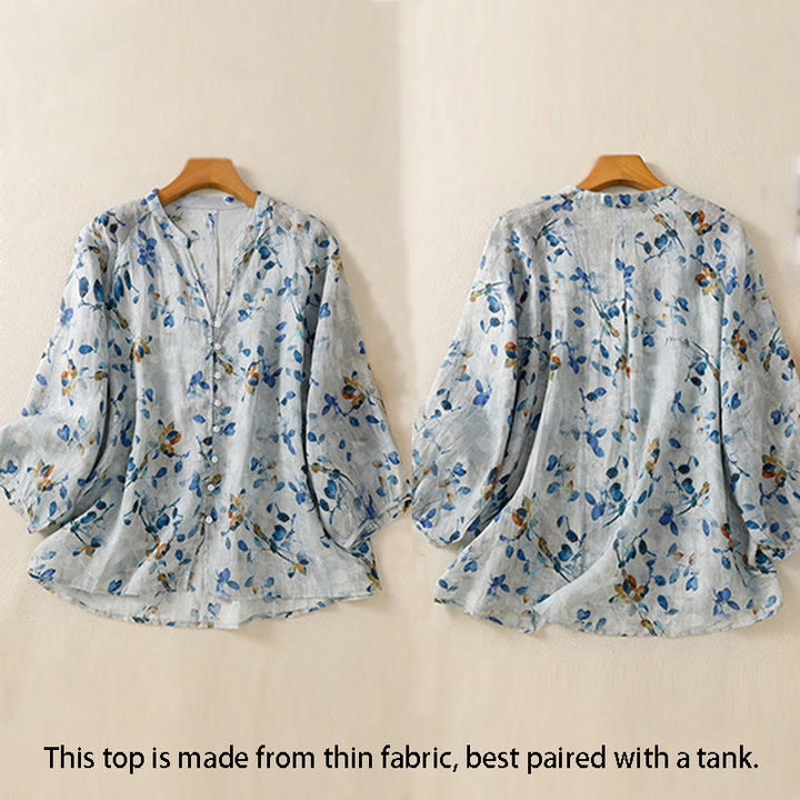 Buddha Stones Camicia da donna in cotone con scollo a V e maniche a tre quarti, motivo floreale blu - image 4