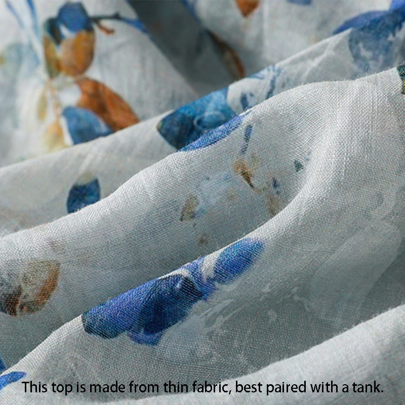 Buddha Stones Camicia da donna in cotone con scollo a V e maniche a tre quarti, motivo floreale blu - image 15