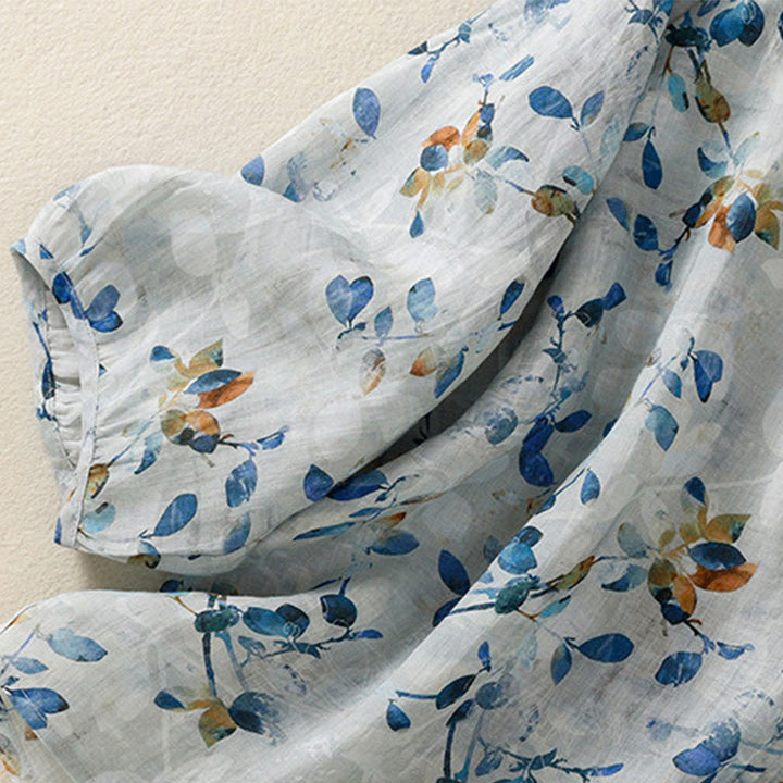 Buddha Stones Camicia da donna in cotone con scollo a V e maniche a tre quarti, motivo floreale blu - image 12