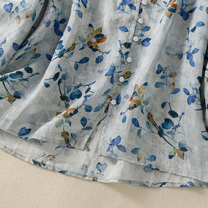 Buddha Stones Camicia da donna in cotone con scollo a V e maniche a tre quarti, motivo floreale blu - image 13