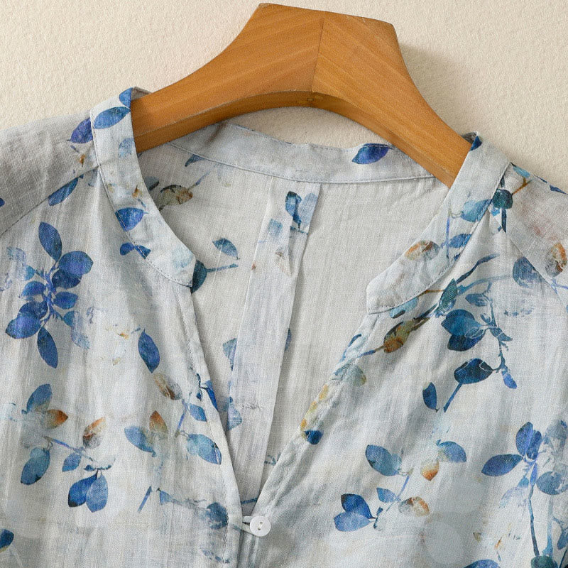 Buddha Stones Camicia da donna in cotone con scollo a V e maniche a tre quarti, motivo floreale blu - image 8