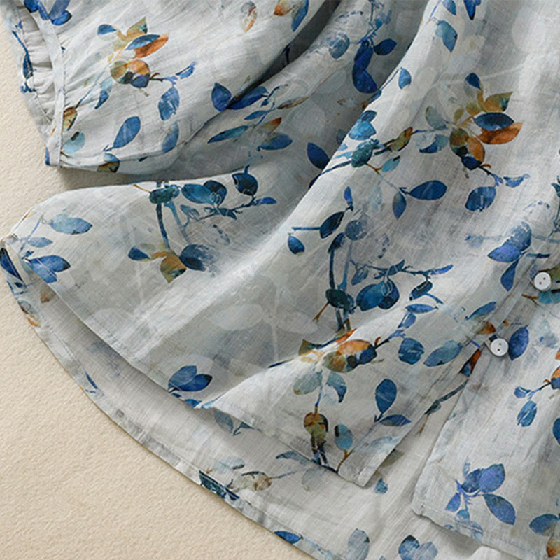 Buddha Stones Camicia da donna in cotone con scollo a V e maniche a tre quarti, motivo floreale blu - image 10