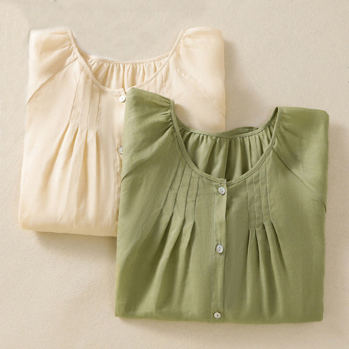 Buddha Stones Camicia da donna in cotone con maniche a tre quarti e scollo rotondo con bottoni semplici - image 1