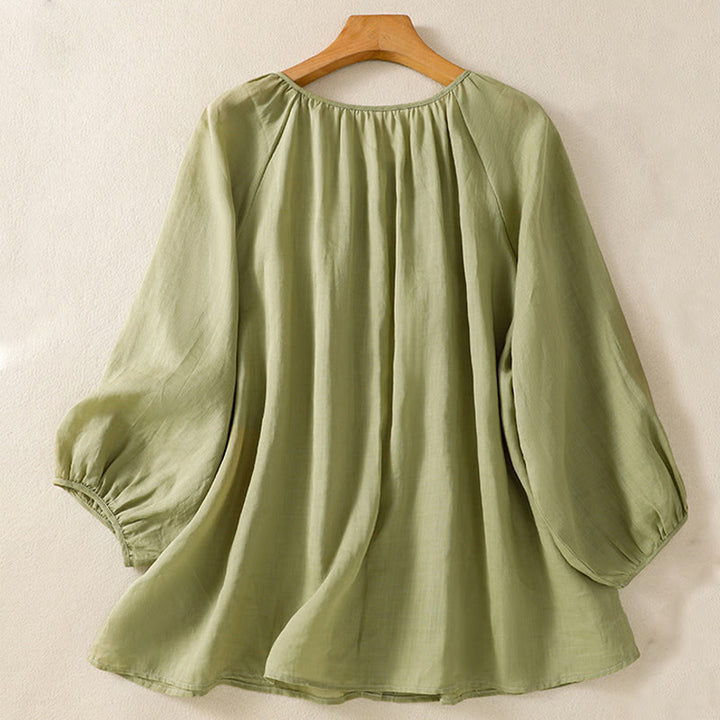 Buddha Stones Camicia da donna in cotone con maniche a tre quarti e scollo rotondo con bottoni semplici - image 3