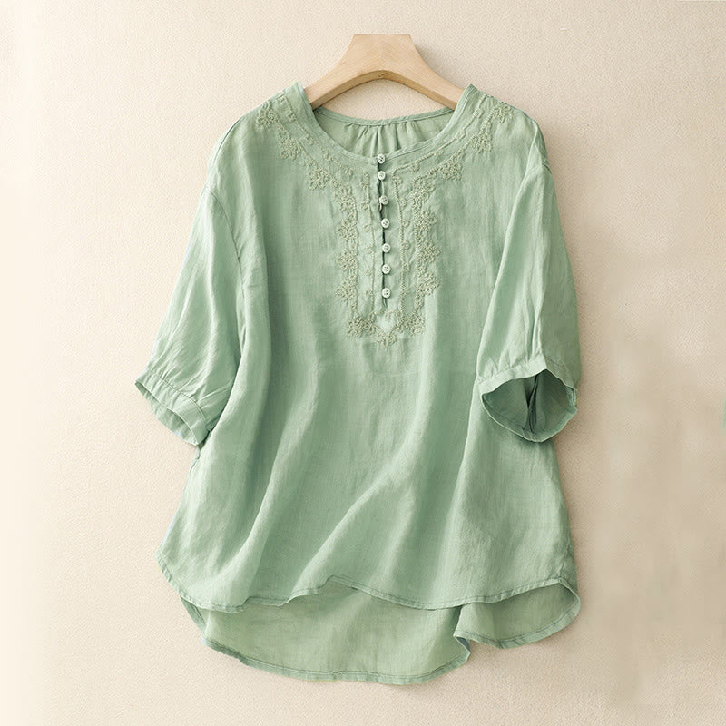 Buddha Stones Camicia da donna in cotone con scollo rotondo, maniche corte, bottoni e ricamo a linea - Azzurro chiaro - US14, UK/AU18, EU46 (2XL) - image 0