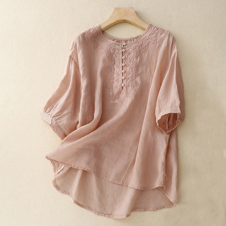 Buddha Stones Camicia da donna in cotone con scollo rotondo, maniche corte, bottoni e ricamo a linea - Rosa - US14, UK/AU18, EU46 (2XL) - image 12