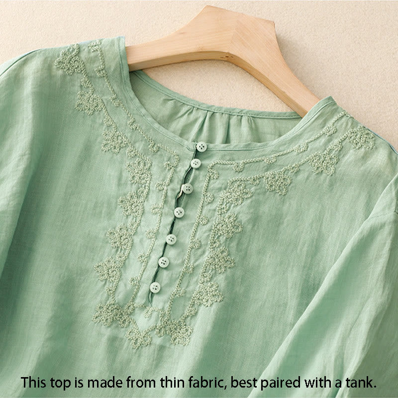 Buddha Stones Camicia da donna in cotone con scollo rotondo, maniche corte, bottoni e ricamo a linea - image 1