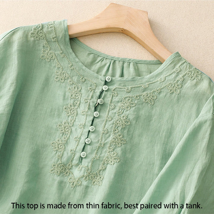 Buddha Stones Camicia da donna in cotone con scollo rotondo, maniche corte, bottoni e ricamo a linea - image 1