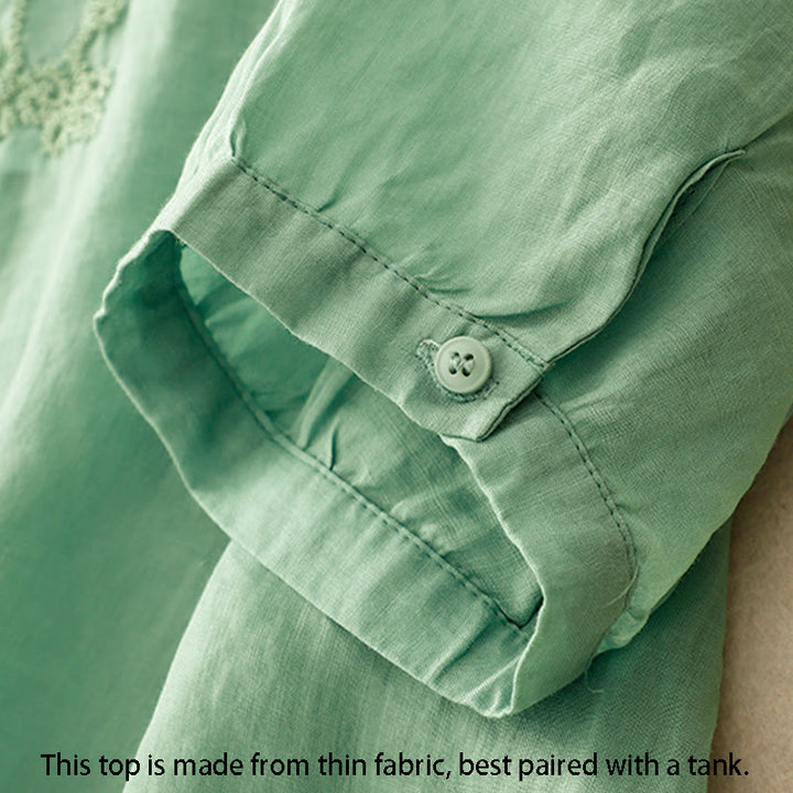 Buddha Stones Camicia da donna in cotone con scollo rotondo, maniche corte, bottoni e ricamo a linea - image 3