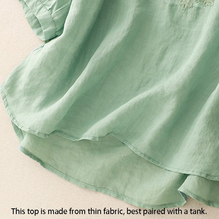 Buddha Stones Camicia da donna in cotone con scollo rotondo, maniche corte, bottoni e ricamo a linea - image 2