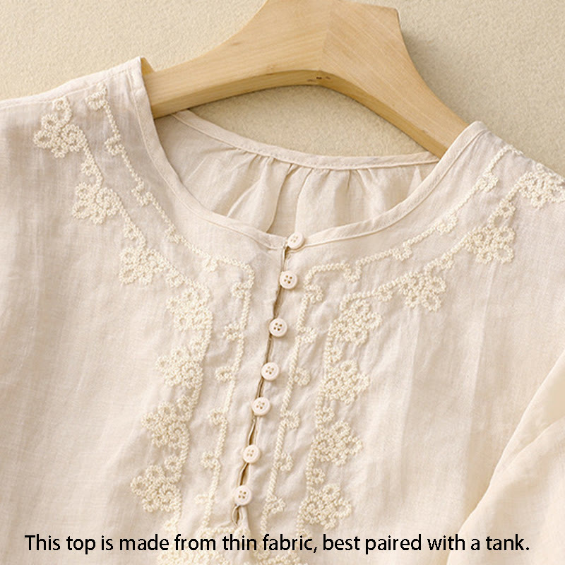 Buddha Stones Camicia da donna in cotone con scollo rotondo, maniche corte, bottoni e ricamo a linea - image 6