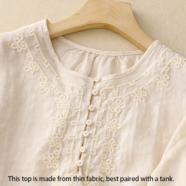 Buddha Stones Camicia da donna in cotone con scollo rotondo, maniche corte, bottoni e ricamo a linea - image 6