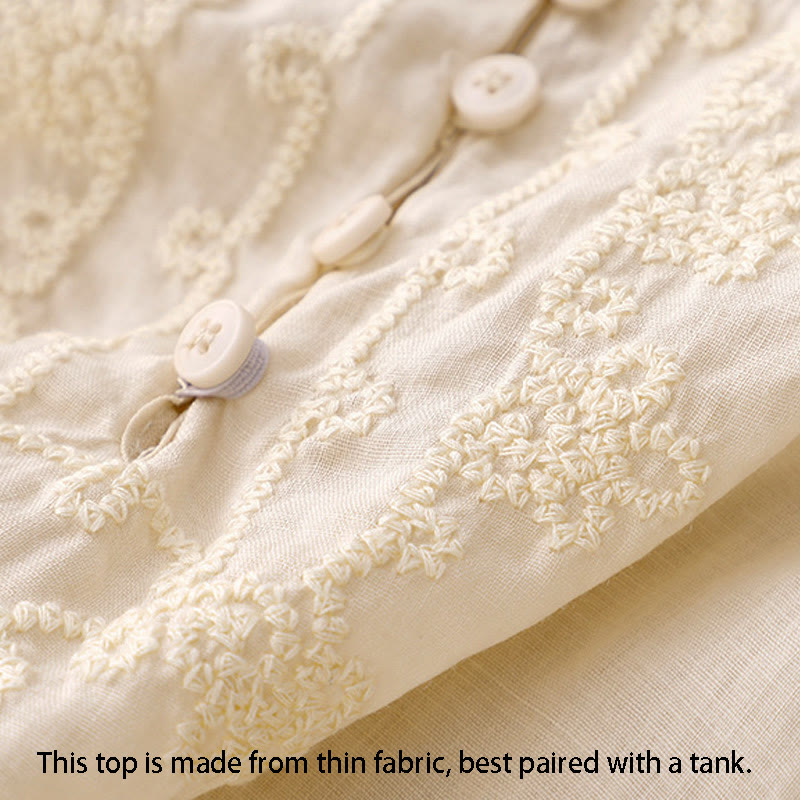 Buddha Stones Camicia da donna in cotone con scollo rotondo, maniche corte, bottoni e ricamo a linea - image 7