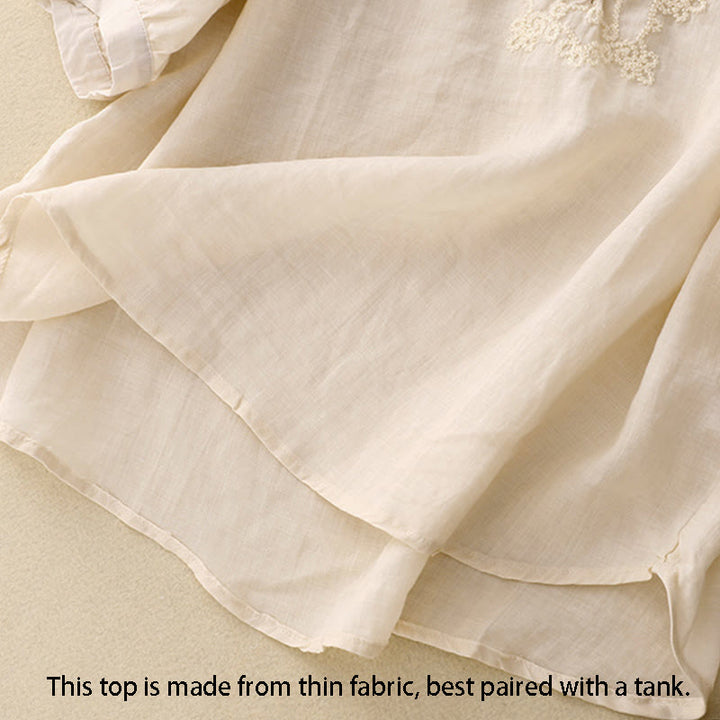 Buddha Stones Camicia da donna in cotone con scollo rotondo, maniche corte, bottoni e ricamo a linea - image 9