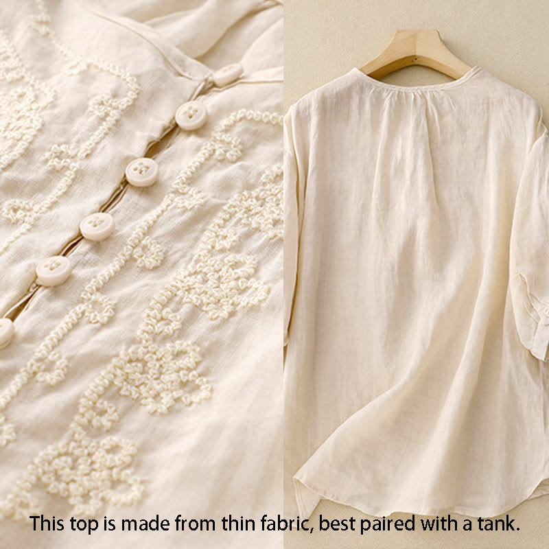 Buddha Stones Camicia da donna in cotone con scollo rotondo, maniche corte, bottoni e ricamo a linea - image 10