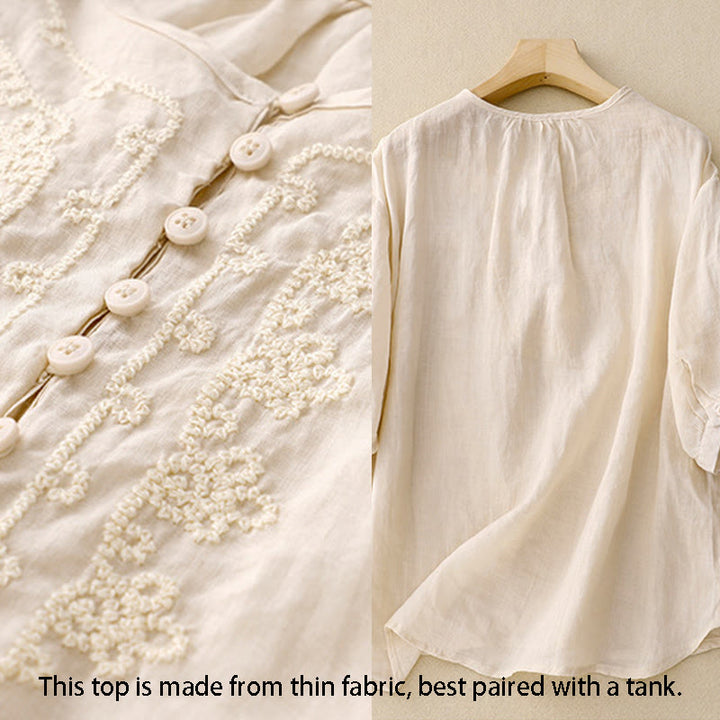 Buddha Stones Camicia da donna in cotone con scollo rotondo, maniche corte, bottoni e ricamo a linea - image 10