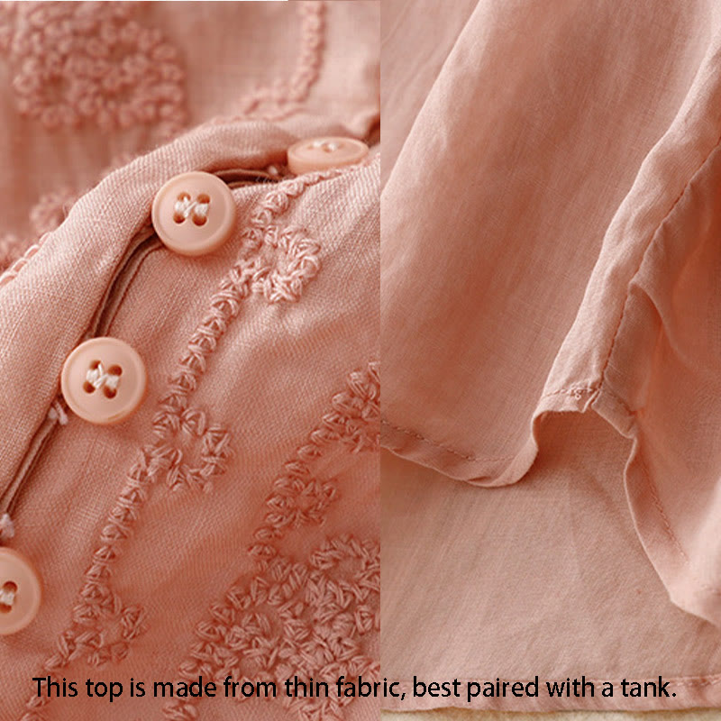 Buddha Stones Camicia da donna in cotone con scollo rotondo, maniche corte, bottoni e ricamo a linea - image 14