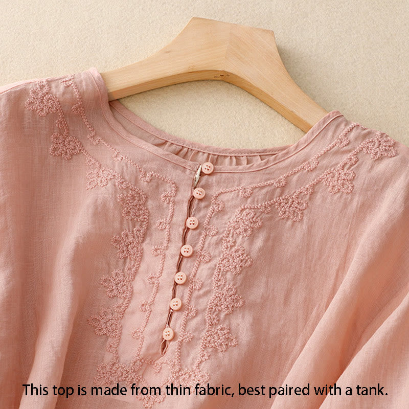 Buddha Stones Camicia da donna in cotone con scollo rotondo, maniche corte, bottoni e ricamo a linea - image 13