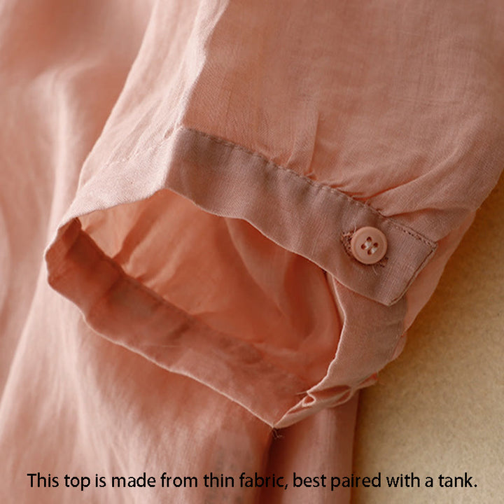 Buddha Stones Camicia da donna in cotone con scollo rotondo, maniche corte, bottoni e ricamo a linea - image 15