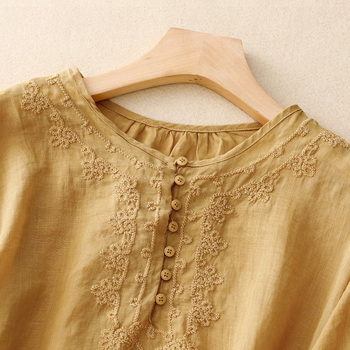 Buddha Stones Camicia da donna in cotone con scollo rotondo, maniche corte, bottoni e ricamo a linea - image 20