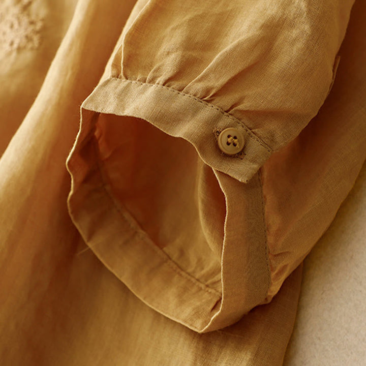 Buddha Stones Camicia da donna in cotone con scollo rotondo, maniche corte, bottoni e ricamo a linea - image 22