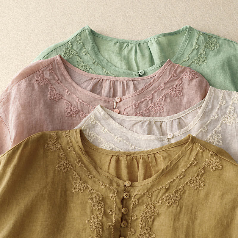 Buddha Stones Camicia da donna in cotone con scollo rotondo, maniche corte, bottoni e ricamo a linea - image 19