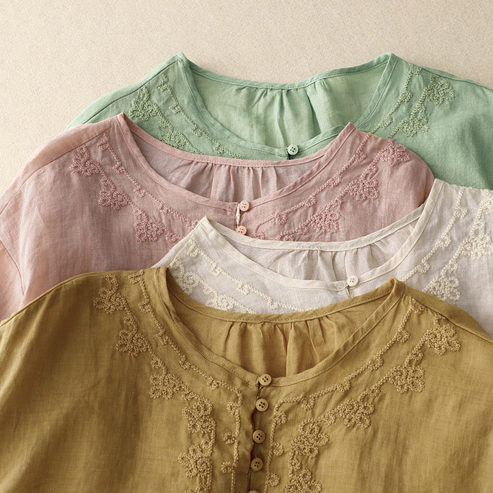 Buddha Stones Camicia da donna in cotone con scollo rotondo, maniche corte, bottoni e ricamo a linea - image 19