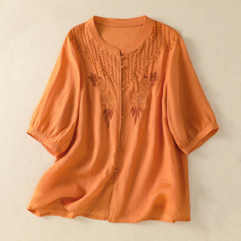 Camicia da donna in cotone a mezza manica con ricamo floreale Buddha Stones e bottoni - Arancia - US14, UK/AU18, EU46 (2XL) - image 23
