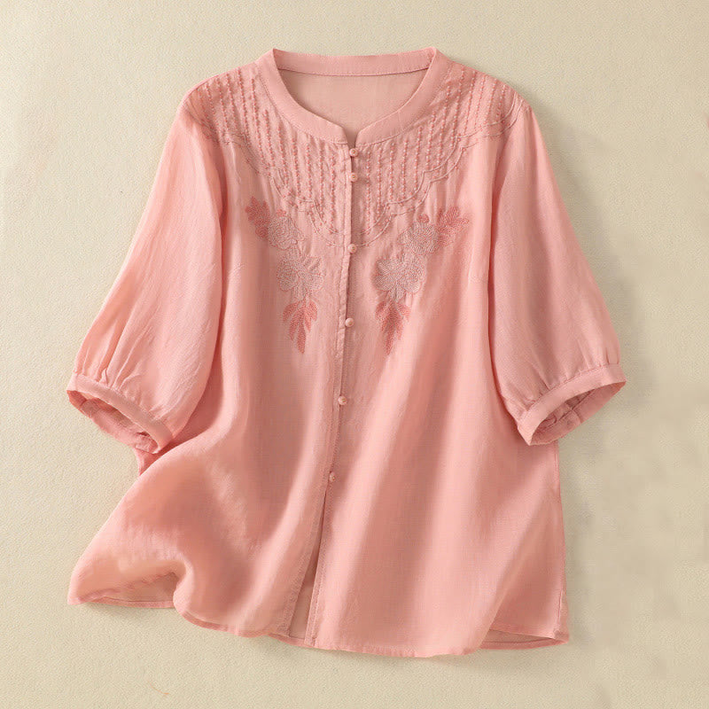 Camicia da donna in cotone a mezza manica con ricamo floreale Buddha Stones e bottoni - Rosa chiaro - US14, UK/AU18, EU46 (2XL) - image 11