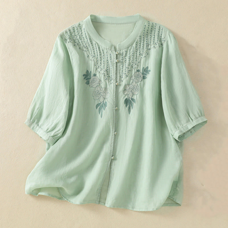 Camicia da donna in cotone a mezza manica con ricamo floreale Buddha Stones e bottoni - Melata - US14, UK/AU18, EU46 (2XL) - image 0
