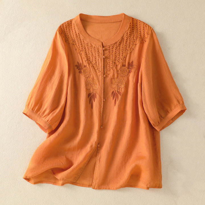 Camicia da donna in cotone a mezza manica con ricamo floreale Buddha Stones e bottoni - Arancia - US14, UK/AU18, EU46 (2XL) - image 23