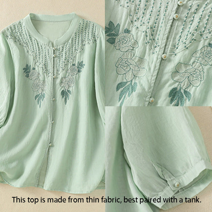 Camicia da donna in cotone a mezza manica con ricamo floreale Buddha Stones e bottoni - image 3