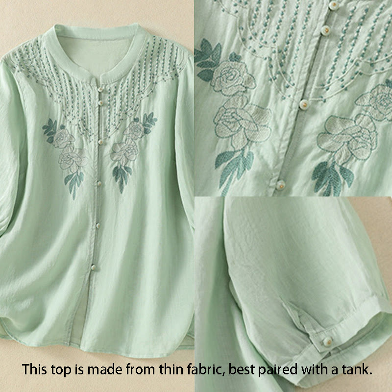 Camicia da donna in cotone a mezza manica con ricamo floreale Buddha Stones e bottoni - image 3