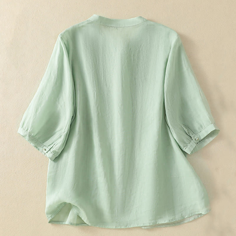 Camicia da donna in cotone a mezza manica con ricamo floreale Buddha Stones e bottoni - image 2