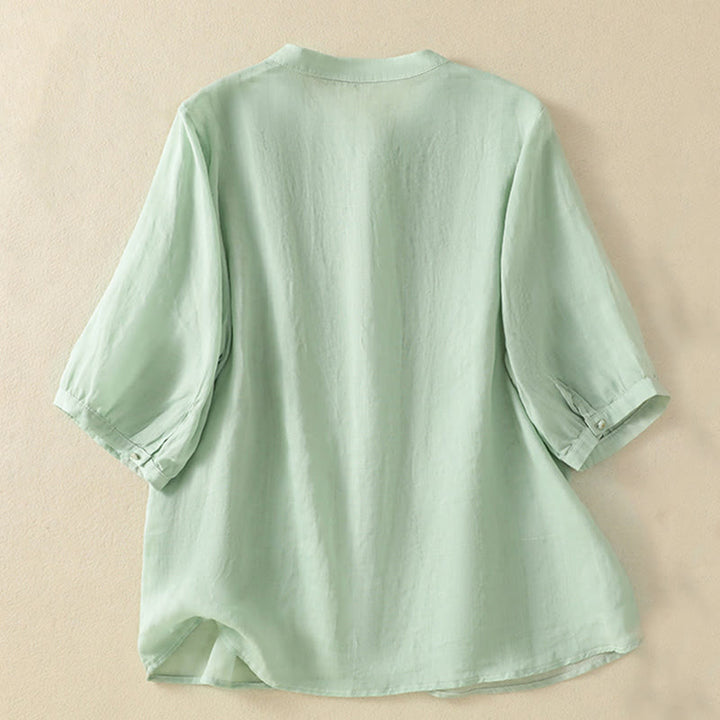 Camicia da donna in cotone a mezza manica con ricamo floreale Buddha Stones e bottoni - image 2