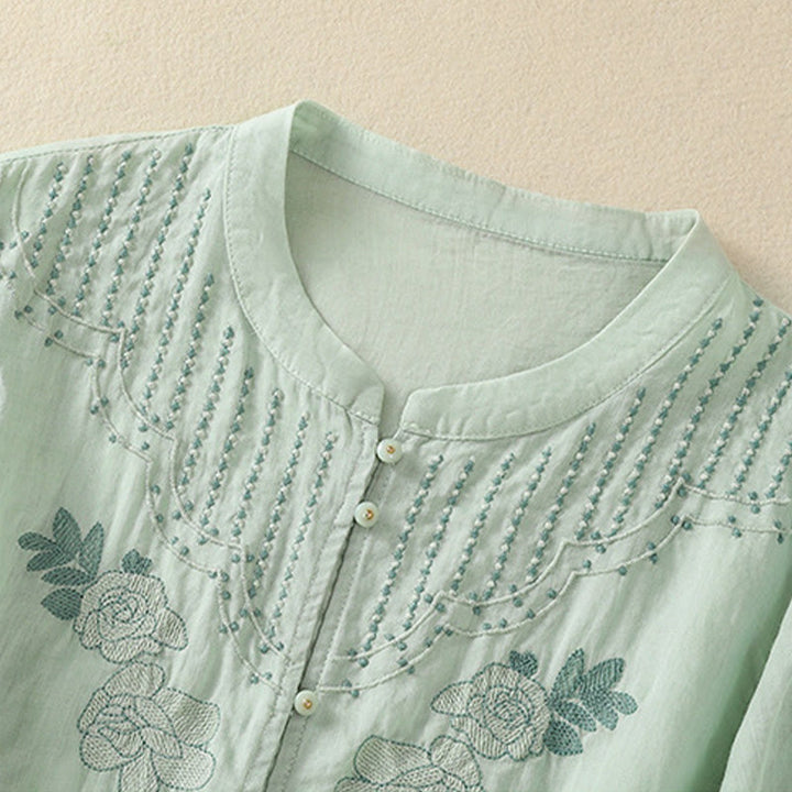 Camicia da donna in cotone a mezza manica con ricamo floreale Buddha Stones e bottoni - image 6