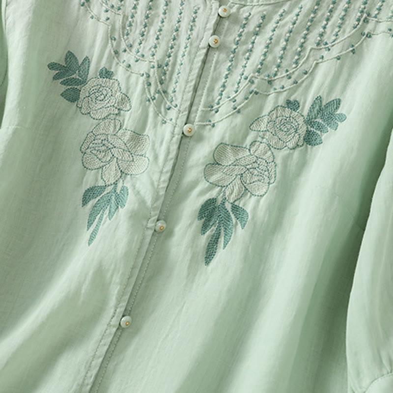 Camicia da donna in cotone a mezza manica con ricamo floreale Buddha Stones e bottoni - image 7