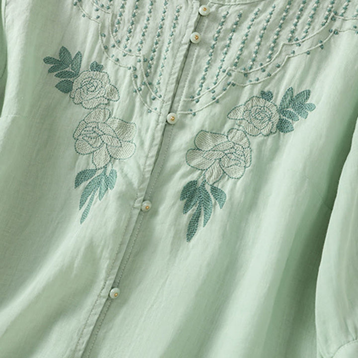 Camicia da donna in cotone a mezza manica con ricamo floreale Buddha Stones e bottoni - image 7