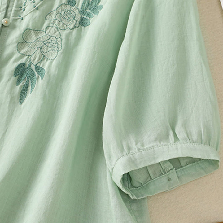 Camicia da donna in cotone a mezza manica con ricamo floreale Buddha Stones e bottoni - image 8