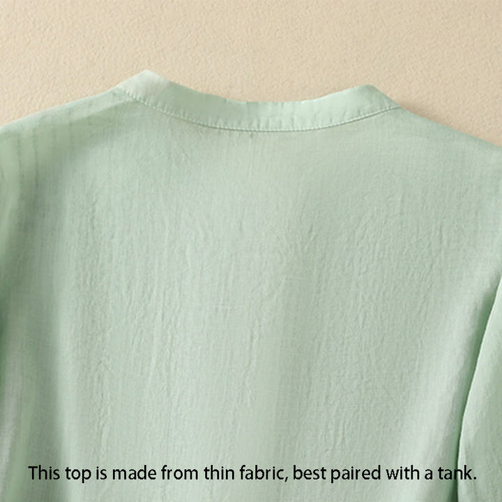 Camicia da donna in cotone a mezza manica con ricamo floreale Buddha Stones e bottoni - image 5