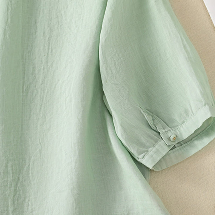 Camicia da donna in cotone a mezza manica con ricamo floreale Buddha Stones e bottoni - image 9