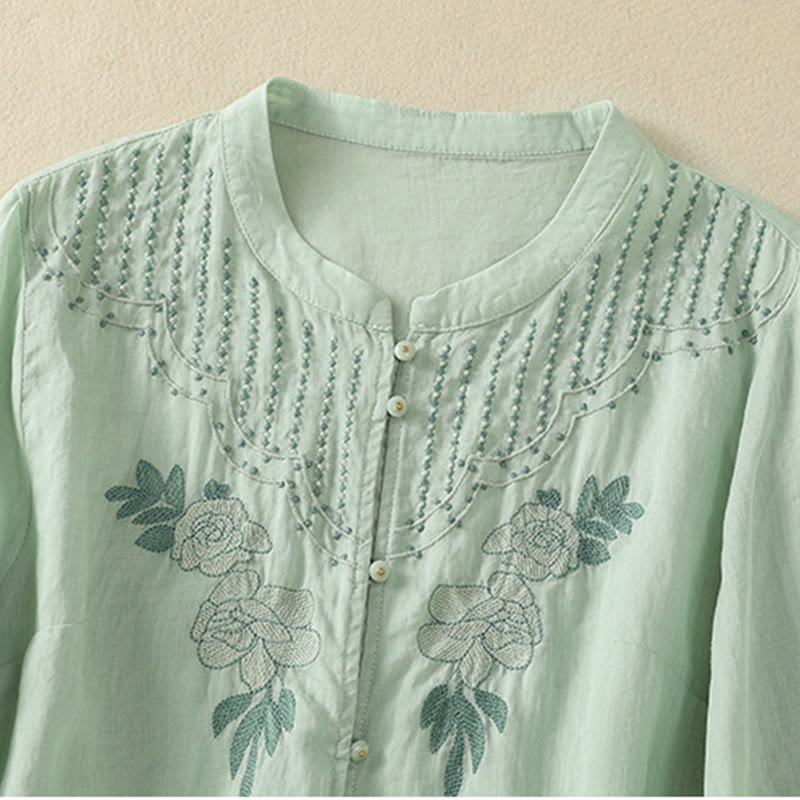 Camicia da donna in cotone a mezza manica con ricamo floreale Buddha Stones e bottoni - image 4